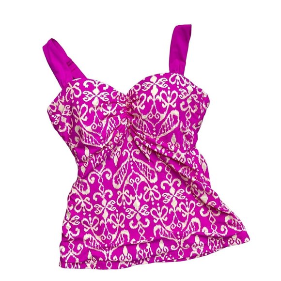Athena Swim Molded Cup Bandini Tankini Top Size 32D Hot Pink Ikat Floral Modest - Picture 1 of 8